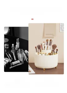 Before and after comparison of partitioned makeup brush holder with gold ball feet