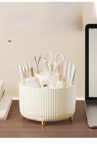 Detailed macro view of cream-colored rotating makeup brush organizer with golden legs