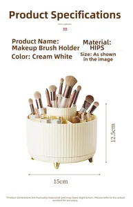 Detail showing cream-white makeup brush organizer with gold legs and HIPS vertical stripe texture