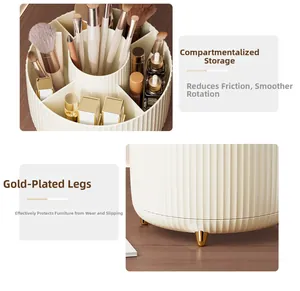 Close-up of cream rotary makeup organizer with vertical texture and gold-plated feet
