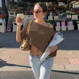 Chic coffee brown sheer knit top with off-shoulder cut and textured openwork detail
