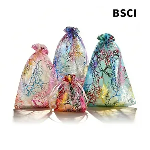 Organza Gift Bags Colorful Coral Pattern Drawstring Pouch For Jewelry Packaging Wedding Favor Candy Storage