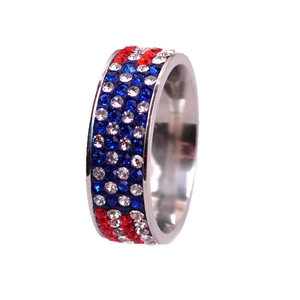 Wide stainless steel band ring with red, white and blue crystals in American flag style