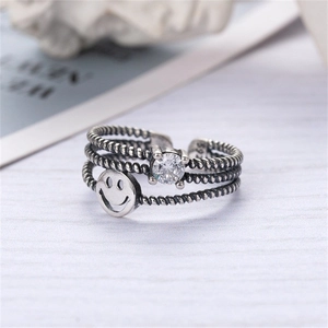 Vintage S925 sterling silver triple rope ring with smiley face charm and round zircon stone