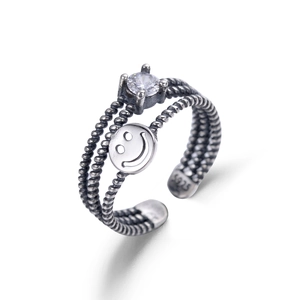 Retro S925 sterling silver double layer open ring with smiley face and zircon stone
