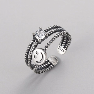 Vintage S925 Sterling Silver Smile Face Zirconia Twisted Open Ring For Women Men Adjustable Thai Silver Fashion Jewelry