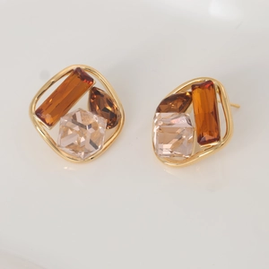 Geometric Crystal Stud Earrings With 925 Sterling Silver Earring Post Gold Plated Brass Coffee Amber Brown Jewelry For Women