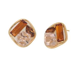 Elegant S925 geometric crystal earrings with amber and champagne stones in gold base