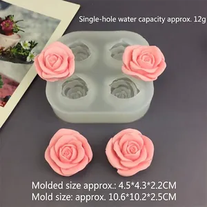 Detail view of 4-cavity rose silicone mold with product dimensions and pink resin flowers