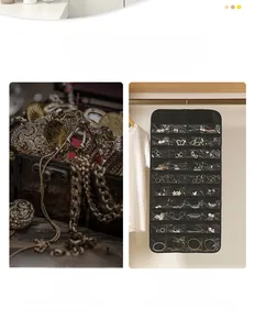 Comparison of messy jewelry vs organized hanging organizer with clear PVC pockets