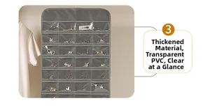 Detail of grey hanging jewelry organizer with transparent PVC pockets for small accessories