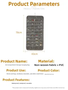 Gray 80-pocket double-sided hanging jewelry organizer with PVC pockets, 78x43cm size