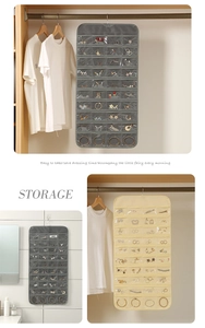 Hanging jewelry organizer with clear PVC pockets and hooks for closet storage