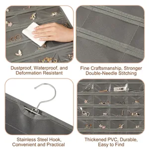 Hanging jewelry organizer with clear PVC pockets and stainless steel hook in grey