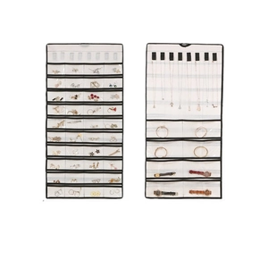 Wall-mounted double-sided jewelry organizer with PVC pockets for earrings and necklaces
