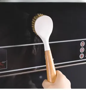 Long handle kitchen brush with natural wood and dense bristles for dish cleaning