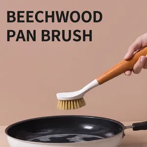 Long-handle beechwood dish brush for cleaning kitchen pans and greasy cookware