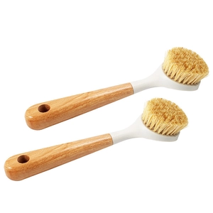 Set of two kitchen cleaning brushes with natural wooden handles and stiff bristles