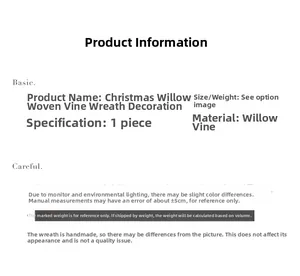 Detailed specifications for handmade willow Christmas wreath decorations in white frame