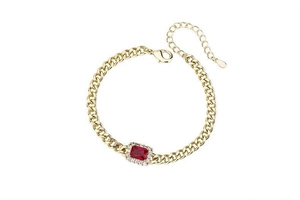 Detailed view of rectangle red gemstone bracelet with halo diamonds and lobster clasp
