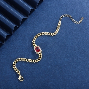 18K gold plated Cuban chain bracelet with rectangular ruby stone and CZ accents