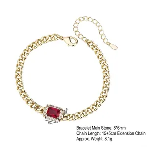 Elegant gold-tone chain bracelet featuring a rectangle ruby red centerpiece with cubic zirconia