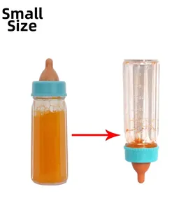 Detail der kleinen magischen Milchflasche mit oranger Flüssigkeit und Skala auf weißem Grund