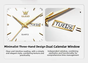 Gros plan du cadran blanc de la montre quartz OLEVS avec double calendrier et index dorés