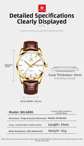 Détail macro de la montre à quartz OLEVS montrant un cadran de 39mm et 9mm d'épaisseur