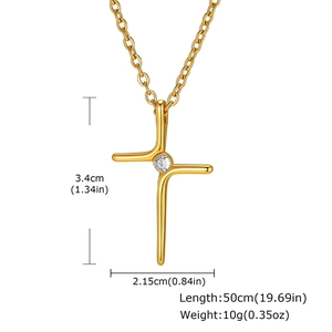 Minimalist gold cross necklace with AAA zircon pendant showing precise product dimensions.