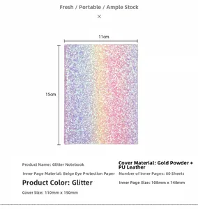 Detail of colorful sequin notebook cover and dimensions showing premium PU leather texture
