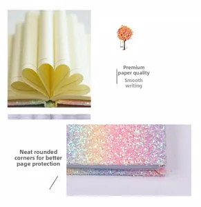 Macro detail of rainbow glitter notebook cover and smooth heart-shaped paper pages