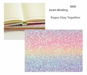 Detail of rainbow gradient sequin notebook with durable stitched binding and lined pages