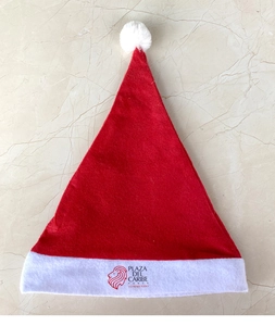 Detail of red Christmas hat with white plush trim and Plaza Del Caribe logo print