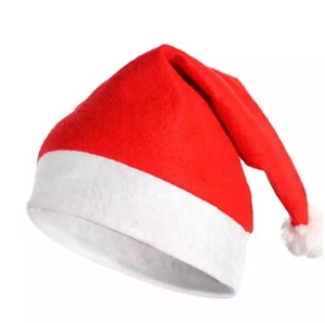 Detailed close-up of a red Christmas hat with white plush trim and fuzzy pom-pom