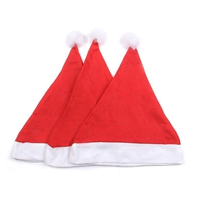 Classic red Christmas Santa hats with white plush trim and pompom in a 3-piece set