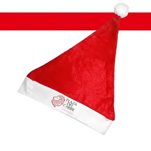 Classic red Christmas hat with white plush trim and Plaza del Caribe lion logo