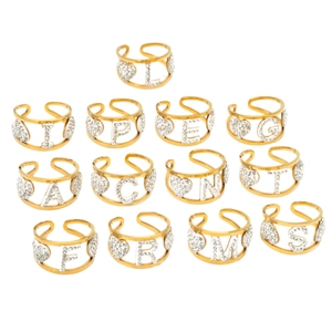 Gold plated stainless steel open ring featuring sparkling rhinestone letters and hearts