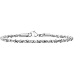 Detailed macro view of a polished silver rope chain bracelet with a classic lobster clasp