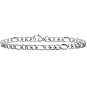 Detail of silver Figaro chain link bracelet with polished finish and lobster clasp closure