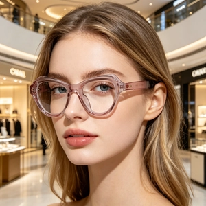 Primo piano di una donna con occhiali cat-eye rosa trasparenti dalla finitura lucida