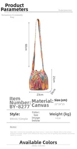 Detail view of ethnic canvas bucket bag with dimensions and bohemian tassel design