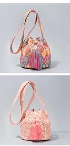 Detailed comparison of bohemian woven bucket bags with geometric patterns and tassels