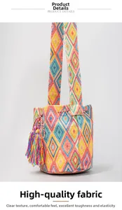 Detail of bohemian woven bucket bag showing colorful geometric patterns and large tassels