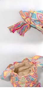 Detail of bohemian canvas bag featuring colorful tassels and large capacity interior