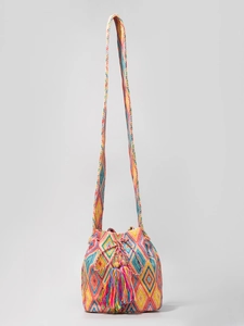 Bohemian handwoven bucket bag with colorful geometric patterns and tassel drawstring
