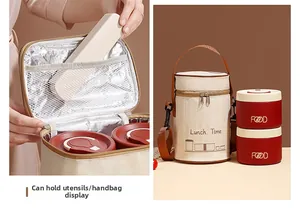 Detail of insulated beige lunch bag with foil lining and red stainless steel food container