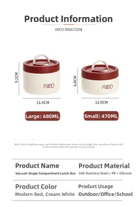 Detailed size chart for 304 stainless steel lunch boxes showing 470ml and 680ml capacity