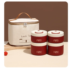Detail of 4-piece vacuum insulated lunch box set with thermal bag and airtight seals