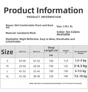 Size chart for reflective breathable cat harness and leash set in S to XL dimensions